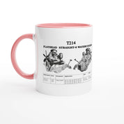 STRAIGHT SERIES T214 ENGINE 325ml ceramic mug with pink interior and handle, showcasing Flathead Straight-6 watercooled engine illustration and data.