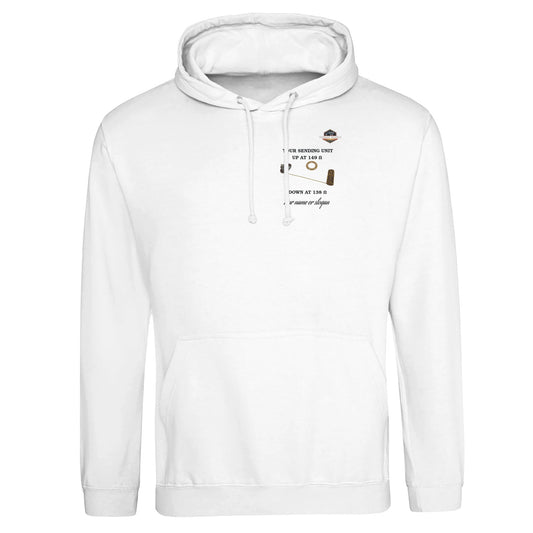 Undeniable Pullover hoodie in White featuring a vintage Fuel Sending Unit. Customize with your name or slogan