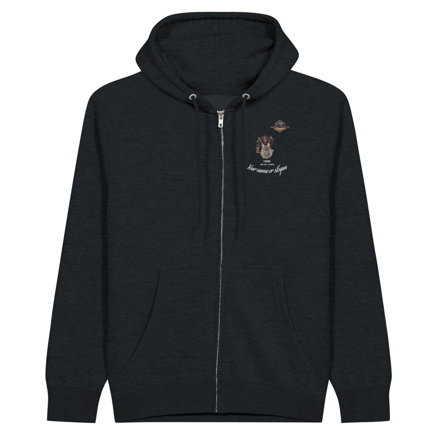 The Motorcycle Diaries zip-up Hoodie - Front - in Black featuring 1909 V-Twin. Customize it with your name or slogan.