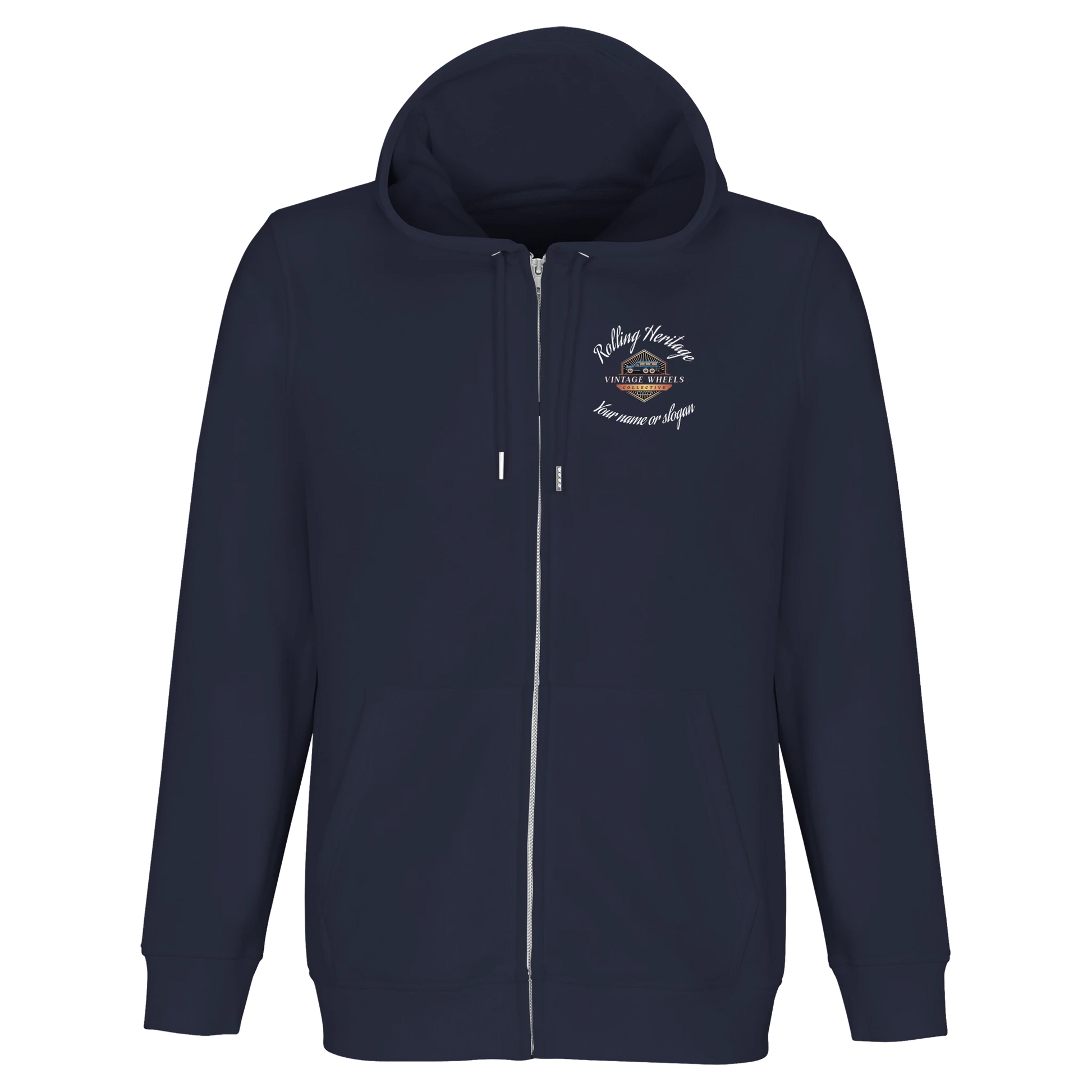 Unisex zip-up hoodie in Navy with small front Rolling Heritage logo and Route 66 theme