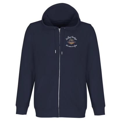 Unisex zip-up hoodie in Navy with small front Rolling Heritage logo and Route 66 theme