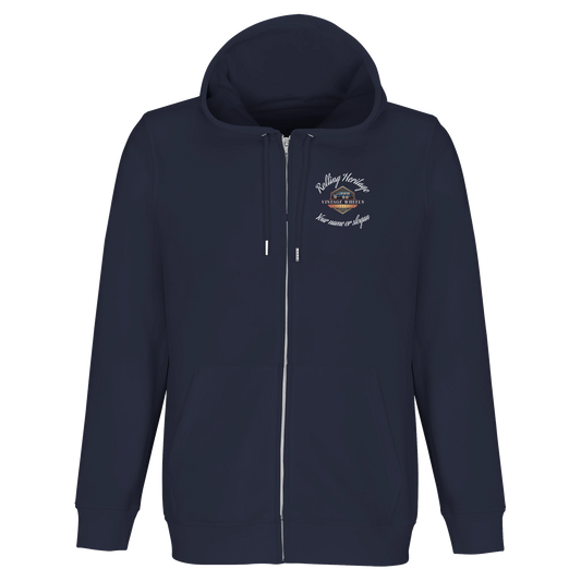 Unisex zip-up hoodie in Navy with small front Rolling Heritage logo and Route 66 theme