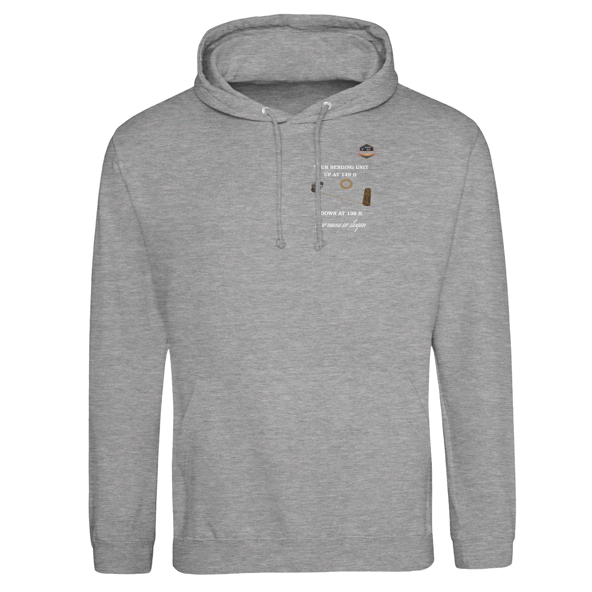 Undeniable Pullover hoodie in Heather Gray featuring a vintage Fuel Sending Unit. Customize with your name or slogan