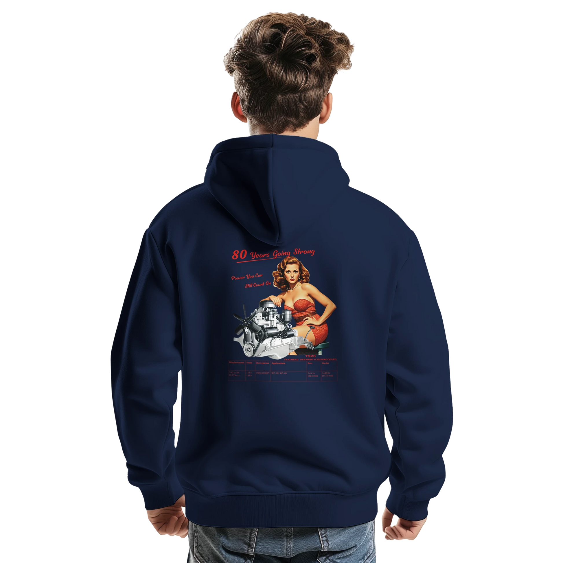Model wearing T223 hoodie with bold back print celebrating 80 years of straight-six power