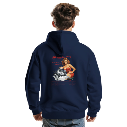 Model wearing T223 hoodie with bold back print celebrating 80 years of straight-six power