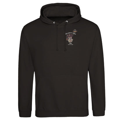 The Motorcycle Diaries Pullover Hoodie - Front - in Deep Black featuring 1909 V-Twin. Customize it with your name or slogan.