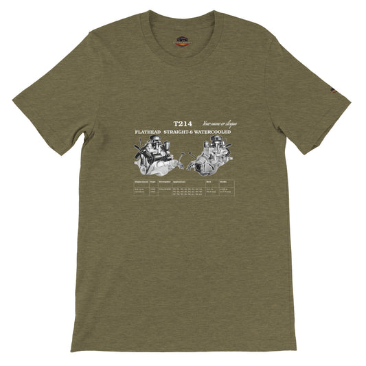 Straight-6 Series crew neck T-Shirt in heather olive featuring Flathead Straight-6 T214 engine. Customize with your name or slogan