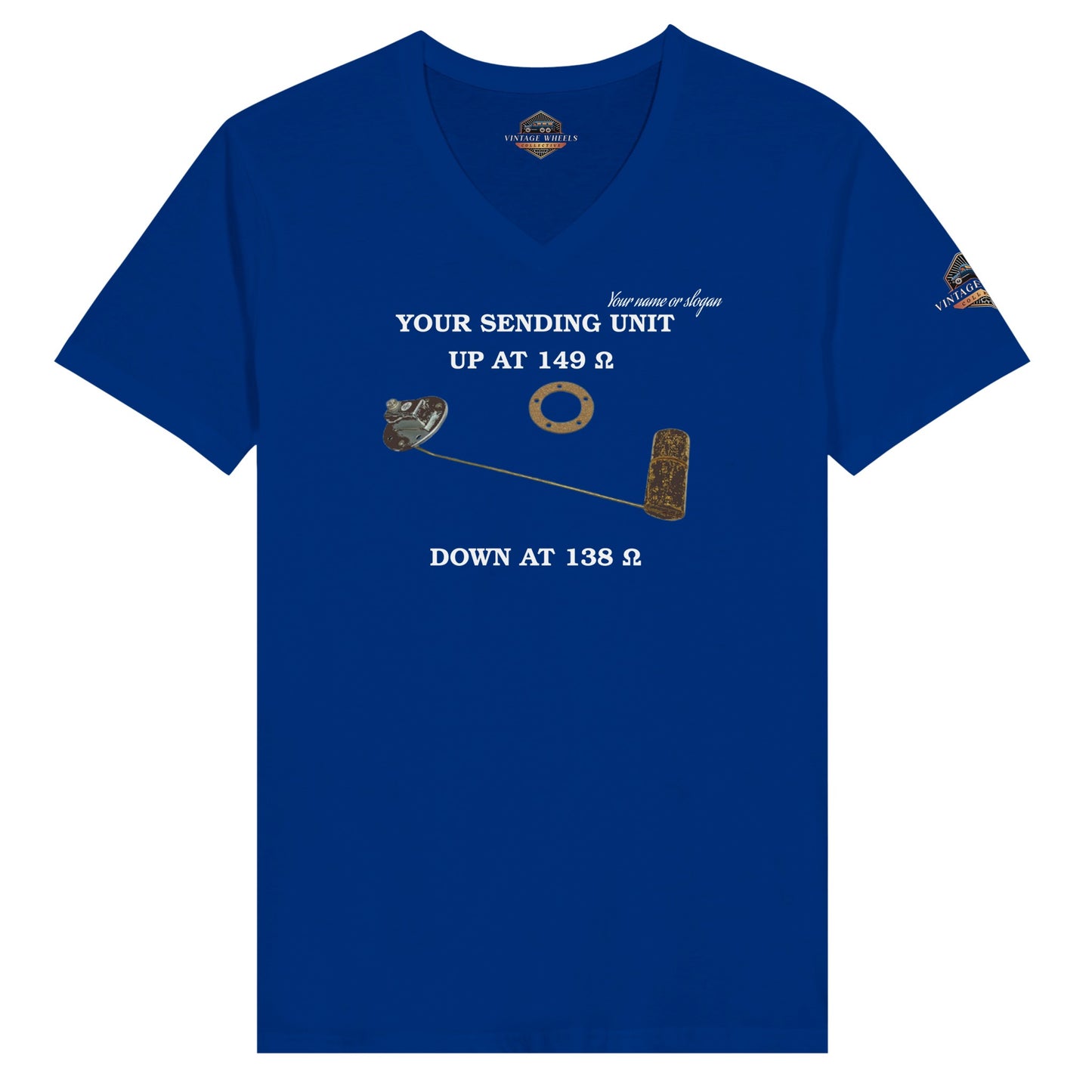 Undeniable v-neck T-Shirt in blue featuring Fuel Sending Unit with correct resistance values. Customize with your name or slogan