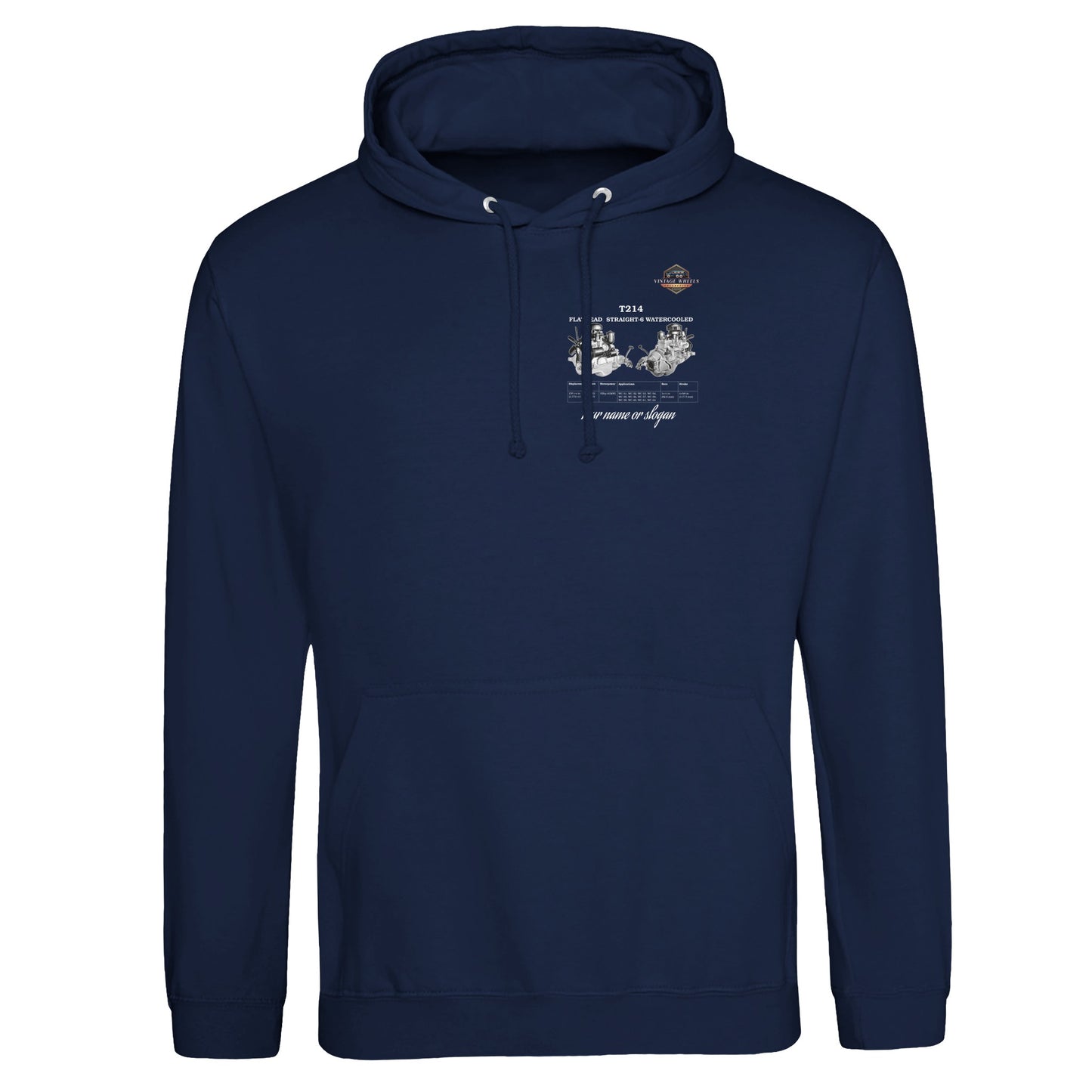 Straight Series Pullover hoodie in Oxford Navy featuring T214 Flathead Straight-6 Engine. Customized with your name or slogan