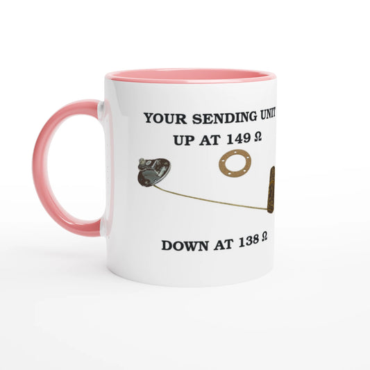 Undeniable Fuel Sending Unit 325ml Ceramic Mug with pink interior, ideal for vintage car lovers and garage drinkware collections.
