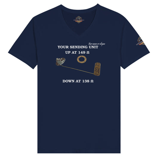 Undeniable v-neck T-Shirt in Navy featuring Fuel Sending Unit with correct resistance values. Customize with your name or slogan