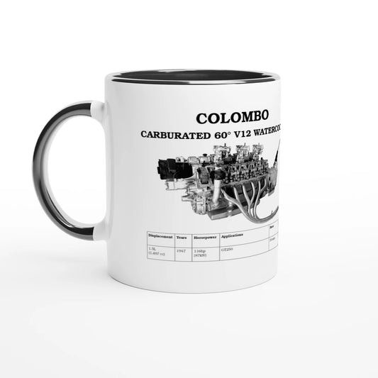 V Series V12 ENGINE 325ml CERAMIC MUG featuring detailed engine diagram and specs, ideal for car enthusiasts and hot beverage lovers.