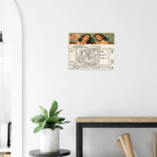 WALL ART LETS GET WIRED WOOD PRINT 40x50 cm / 16x20″ hanging in a minimalist white interior with green plant and wooden shelf accents.