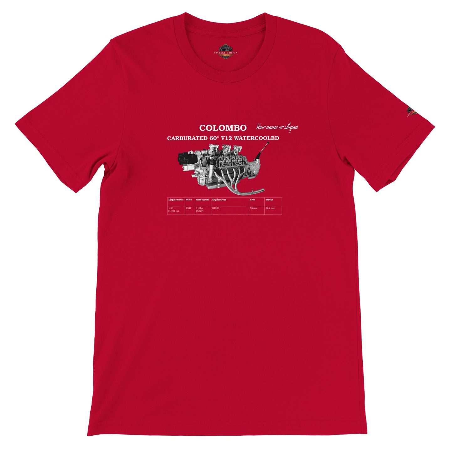 V-Series crew neck T-Shirt in red featuring iconic V12 engine. Customize with your name or slogan