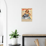 Vintage-inspired aluminum print of Flathead Straight-6 engine T214, hung on a white wall above a shelf with plants and books.