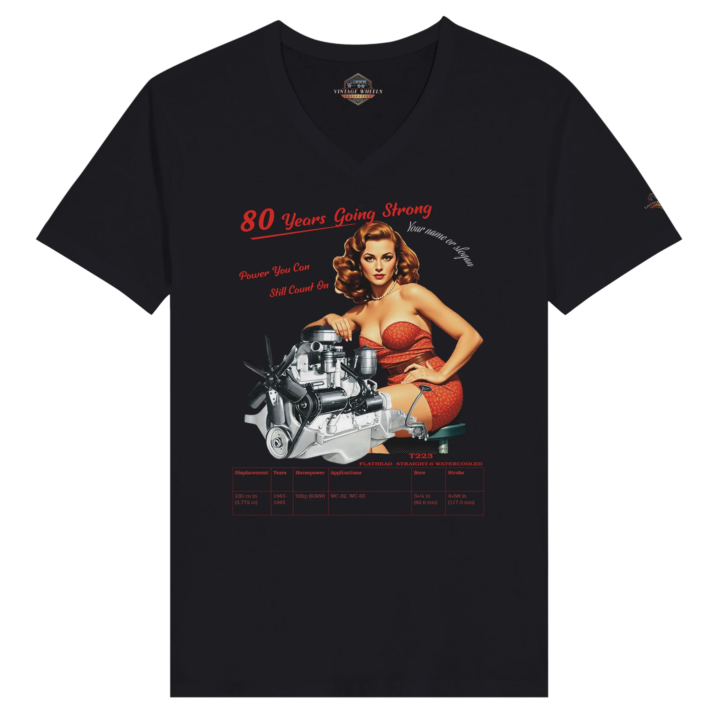 Vintage V-Neck T-shirt featuring a pin-up girl and Flathead Straight-6 T223 engine illustration