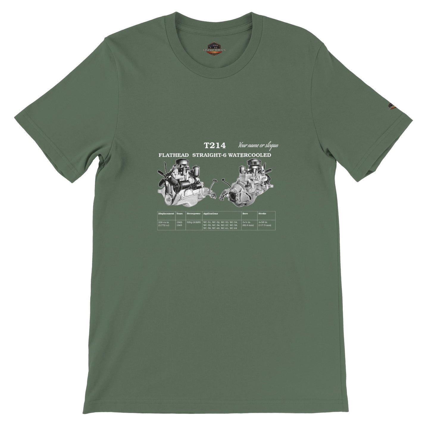 Straight-6 Series crew neck T-Shirt in military green featuring Flathead Straight-6 T214 engine. Customize with your name or slogan