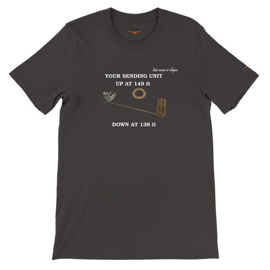 Vintage-style fuel system tribute tee with fuel sender diagram on T-shirt