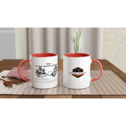 STRAIGHT SERIES T214 ENGINE 325ml ceramic mugs with red accents displayed on a dining table, showing engine diagram and Vintage Wheels logo.