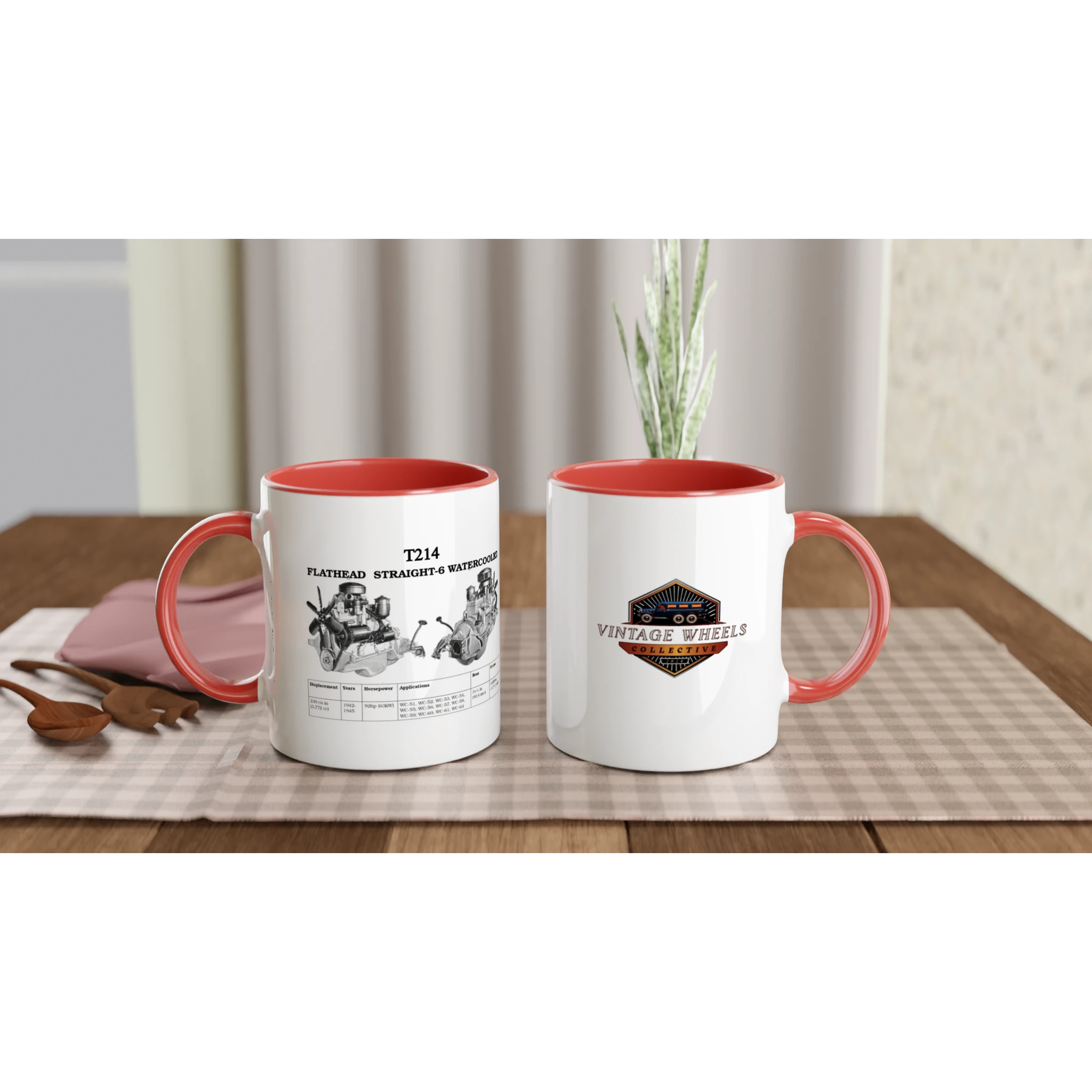 STRAIGHT SERIES T214 ENGINE 325ml ceramic mugs with red accents displayed on a dining table, showing engine diagram and Vintage Wheels logo.