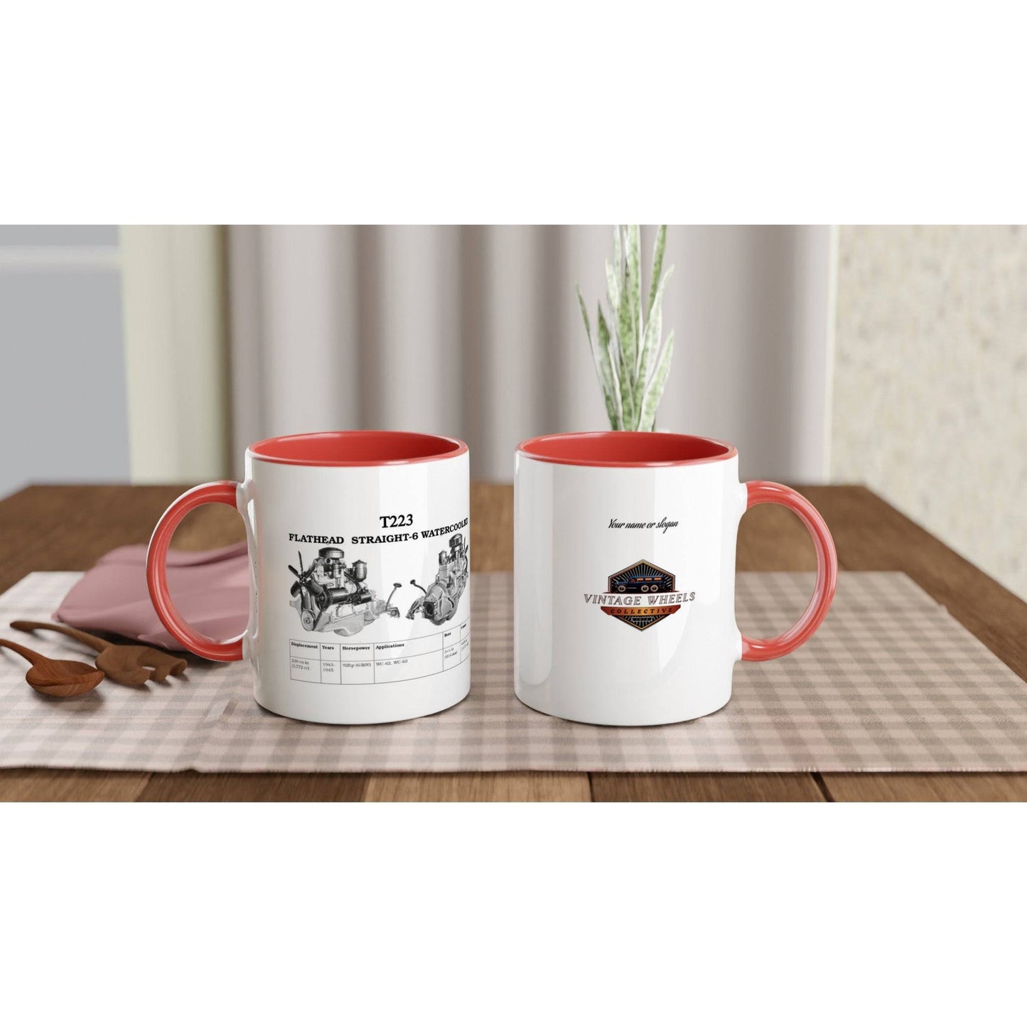 Pair of ceramic mugs with Flathead Straight-6 and Vintage Wheels designs