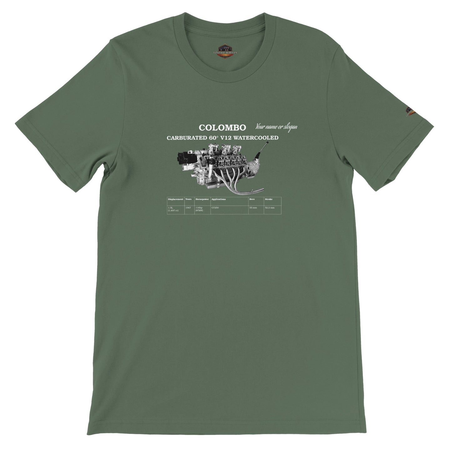 V-Series crew neck T-Shirt in military green featuring iconic V12 engine. Customize with your name or slogan