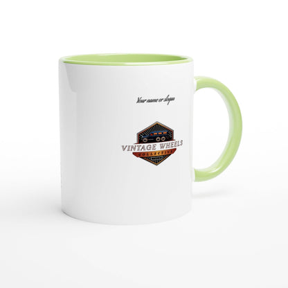 Back view of white mug with green interior, Vintage Wheels logo