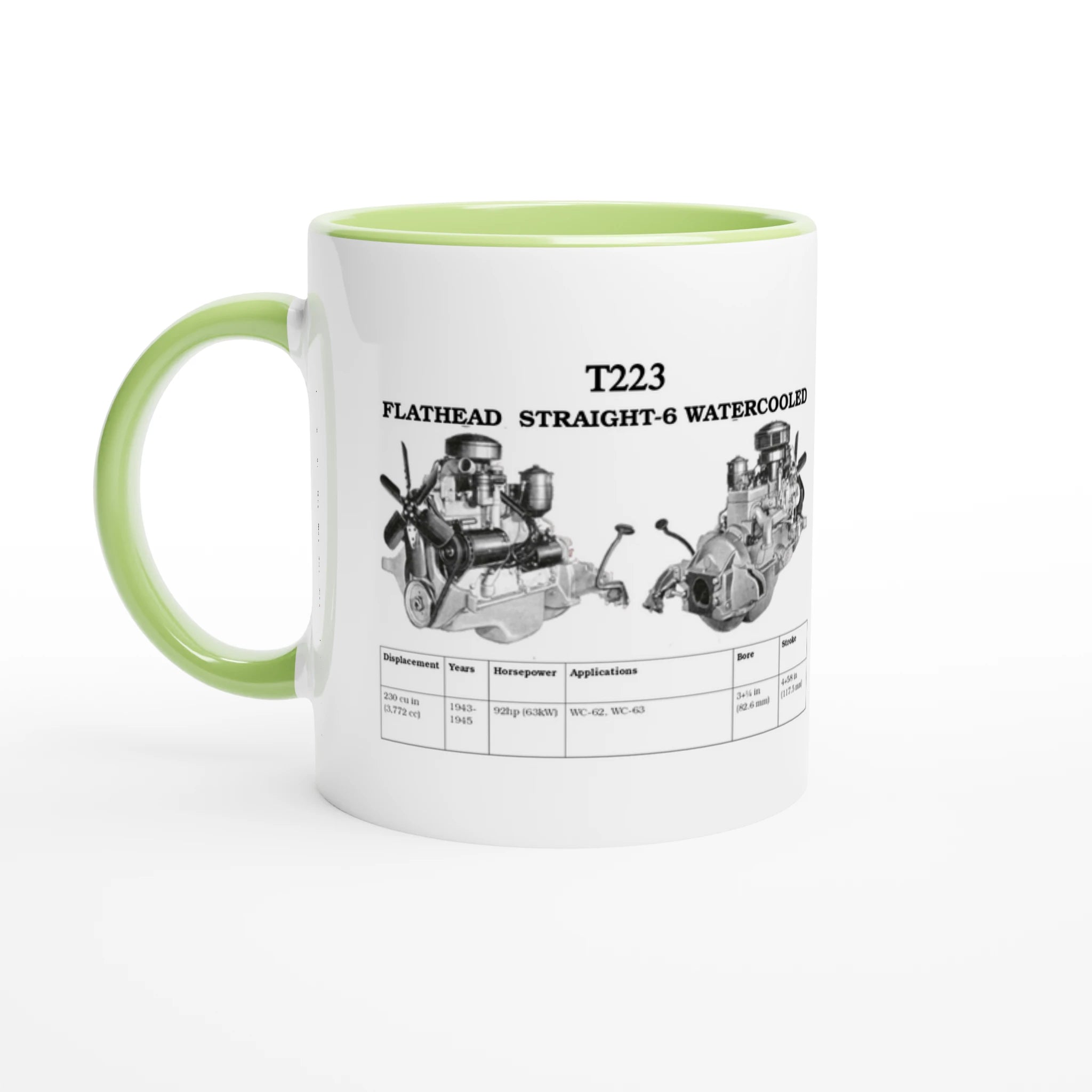Green-accented STRAIGHT SERIES T223 ENGINE 325ml COLORED CERAMIC MUG with detailed Flathead Straight-6 engine print, great for gearheads.