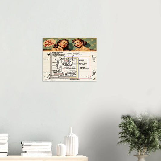 WALL ART LETS GET WIRED WOOD PRINT 40x50 cm / 16x20″ displayed in a modern white room, showcasing retro wiring diagram and vintage artwork.