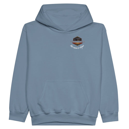Front view of LITTLE UNDENIABLE kids hoodie in blue with Vintage Wheels logo and 'Key source of signal' text, made from soft cotton-poly blend.