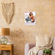 Brushed silver aluminum WALL ART STRAIGHT-6 SERIES T223 40x50cm displayed in rustic living room, ideal for vintage automotive-themed decor.