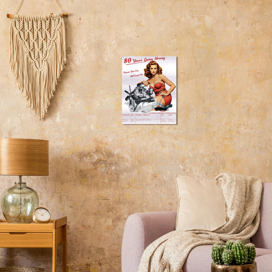 Brushed silver aluminum WALL ART STRAIGHT-6 SERIES T223 40x50cm displayed in rustic living room, ideal for vintage automotive-themed decor.