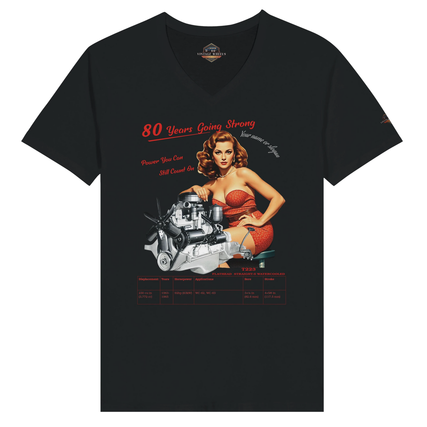 Vintage V-Neck T-shirt featuring a pin-up girl and Flathead Straight-6 T223 engine illustration