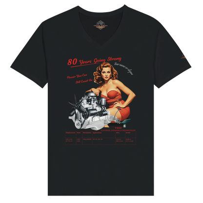 Vintage V-Neck T-shirt featuring a pin-up girl and Flathead Straight-6 T223 engine illustration