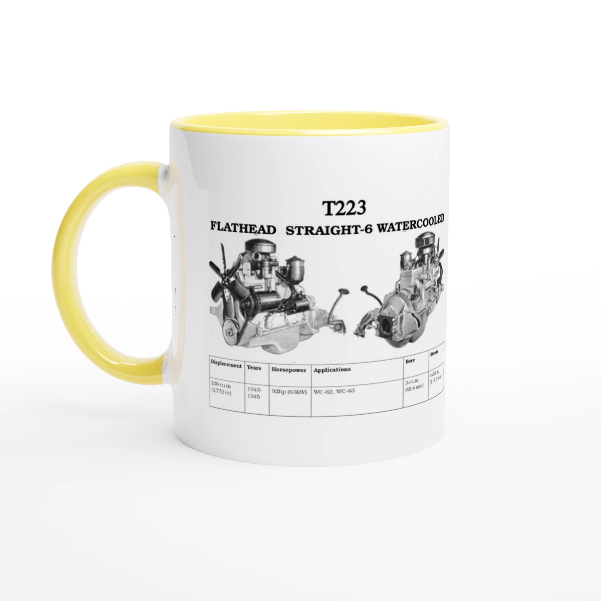 Yellow-accented STRAIGHT SERIES T223 ENGINE 325ml COLORED CERAMIC MUG featuring Flathead Straight-6 engine data, perfect for automotive collectors.