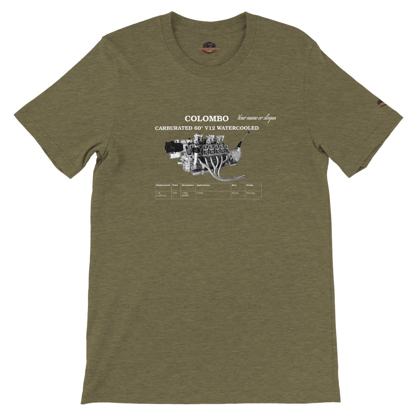 V-Series crew neck T-Shirt in heather olive featuring iconic V12 engine. Customize with your name or slogan