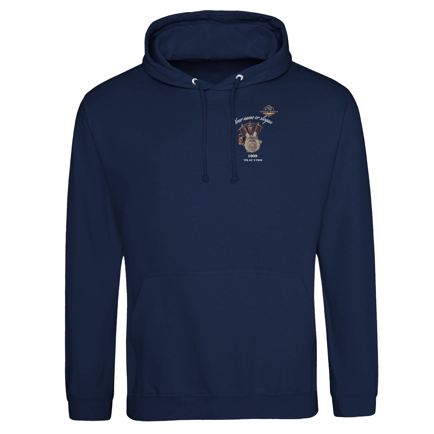 The Motorcycle Diaries Pullover Hoodie - Front - in Oxford Navy featuring 1909 V-Twin. Customize it with your name or slogan.