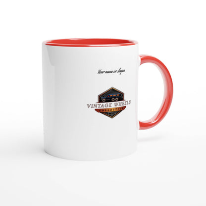 Ceramic mug with Vintage Wheels logo and red interior