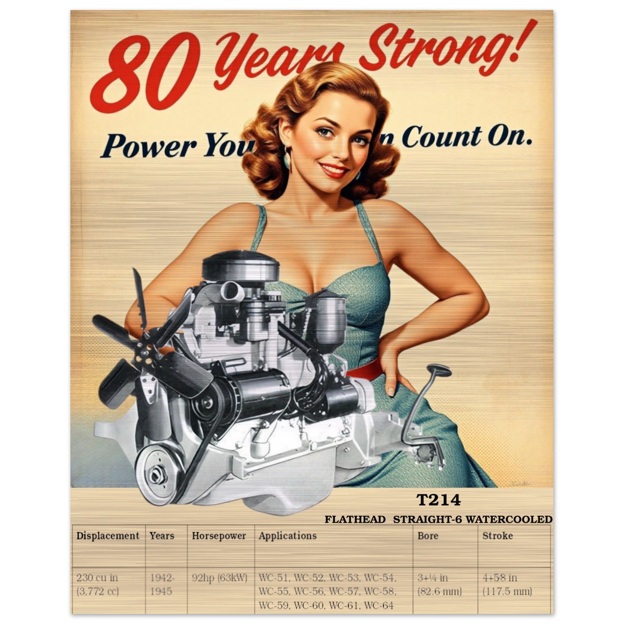 16x20″ featuring vintage pin-up style with Flathead Straight-6 engine specs.