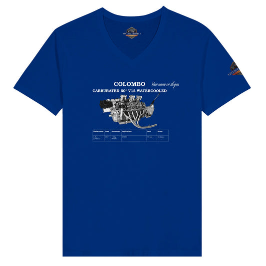 V-Series crew neck T-Shirt in blue featuring iconic V12 engine. Customize with your name or slogan