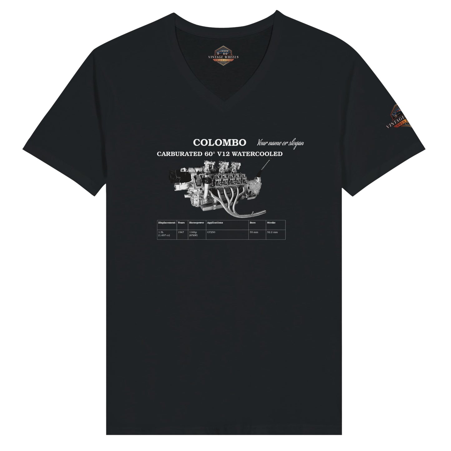 V-Series crew neck T-Shirt in dark gray featuring iconic V12 engine. Customize with your name or slogan